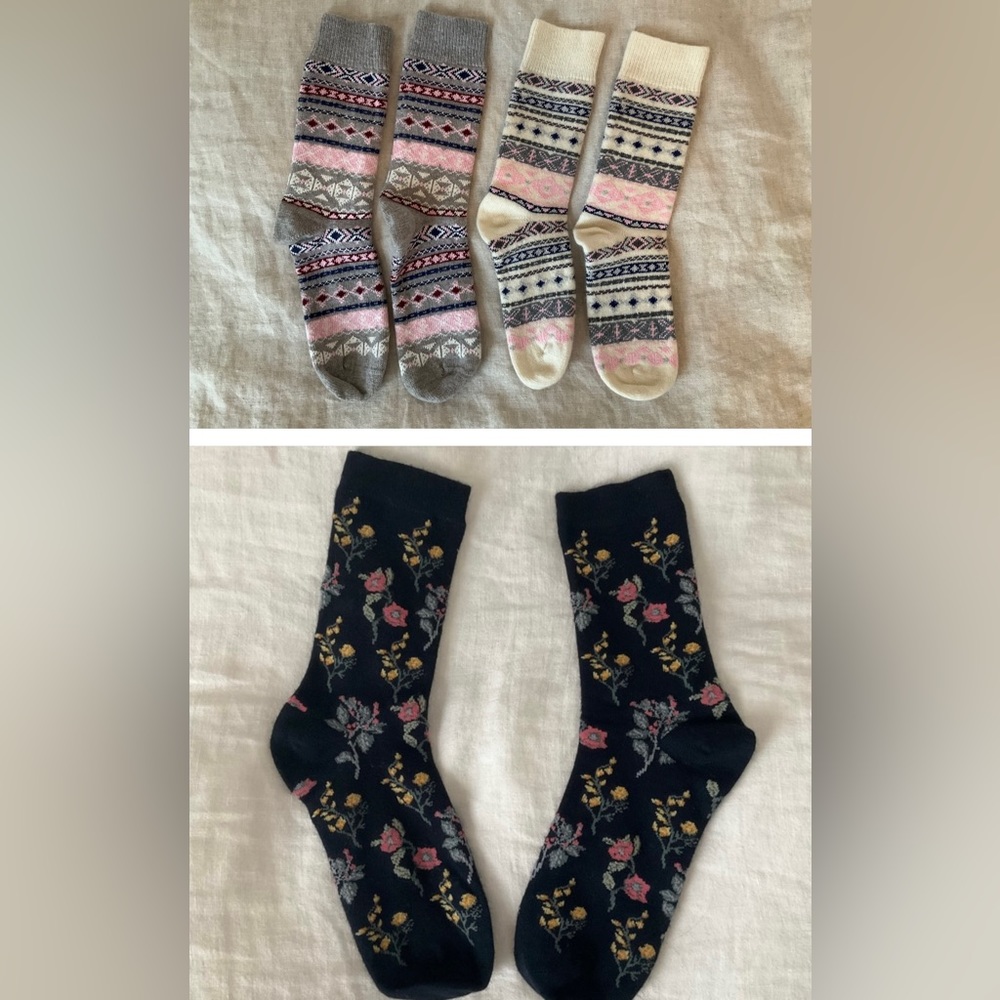 3 pairs of socks, floral, fair isle, wool and bamboo socks